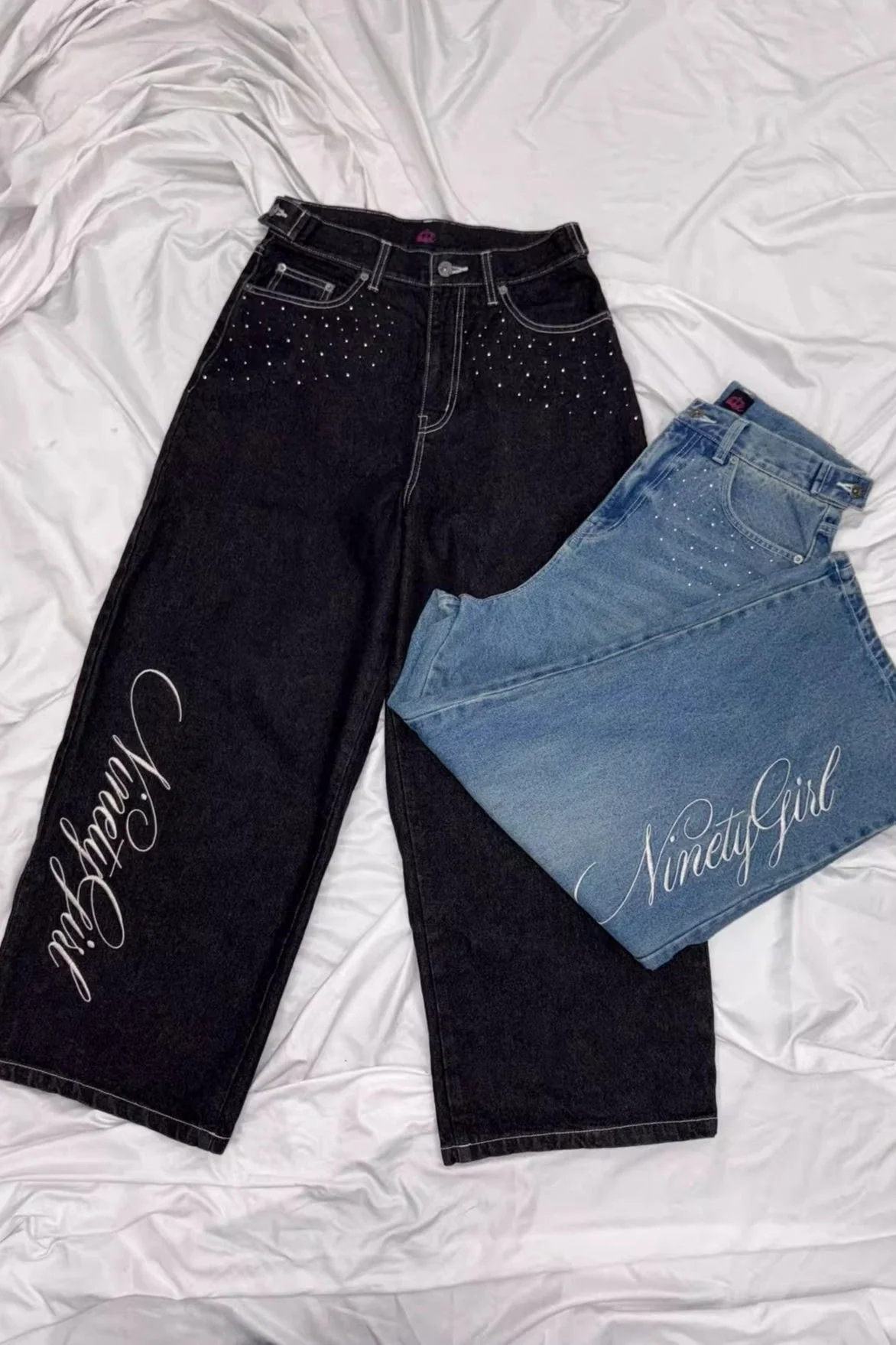 Angel Wing Embroidery Rhinestone Straight Jeans - Image 4