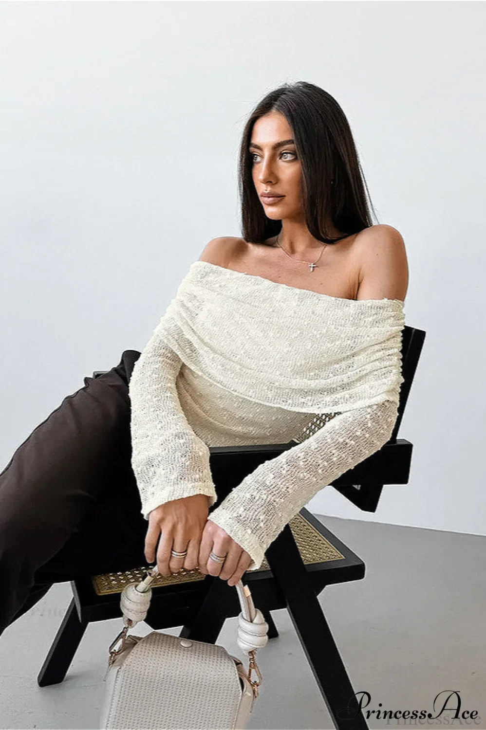 Apricot Off Shoulder Lace Knit Long Sleeve Tee - Image 2