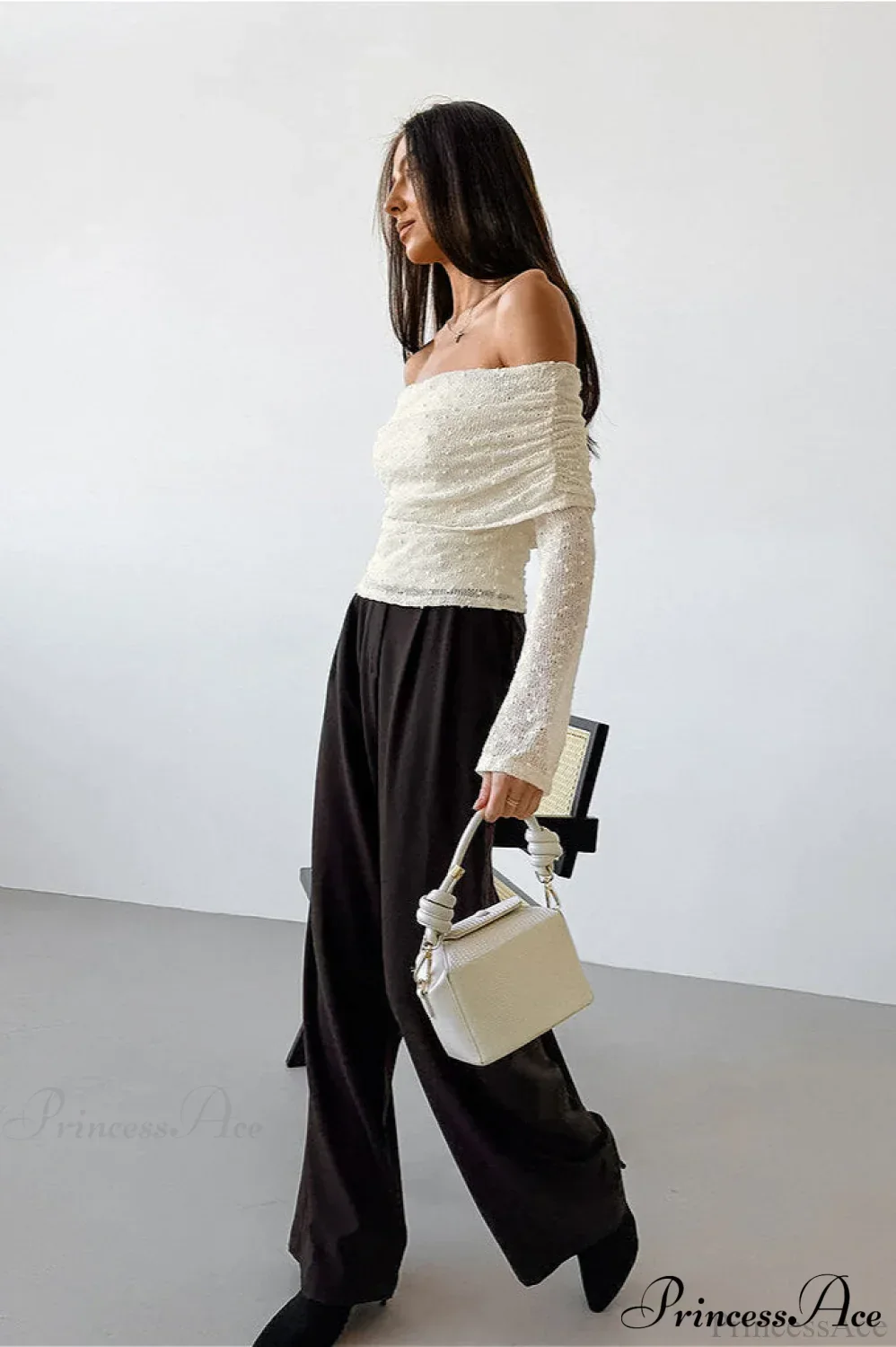 Apricot Off Shoulder Lace Knit Long Sleeve Tee - Image 3
