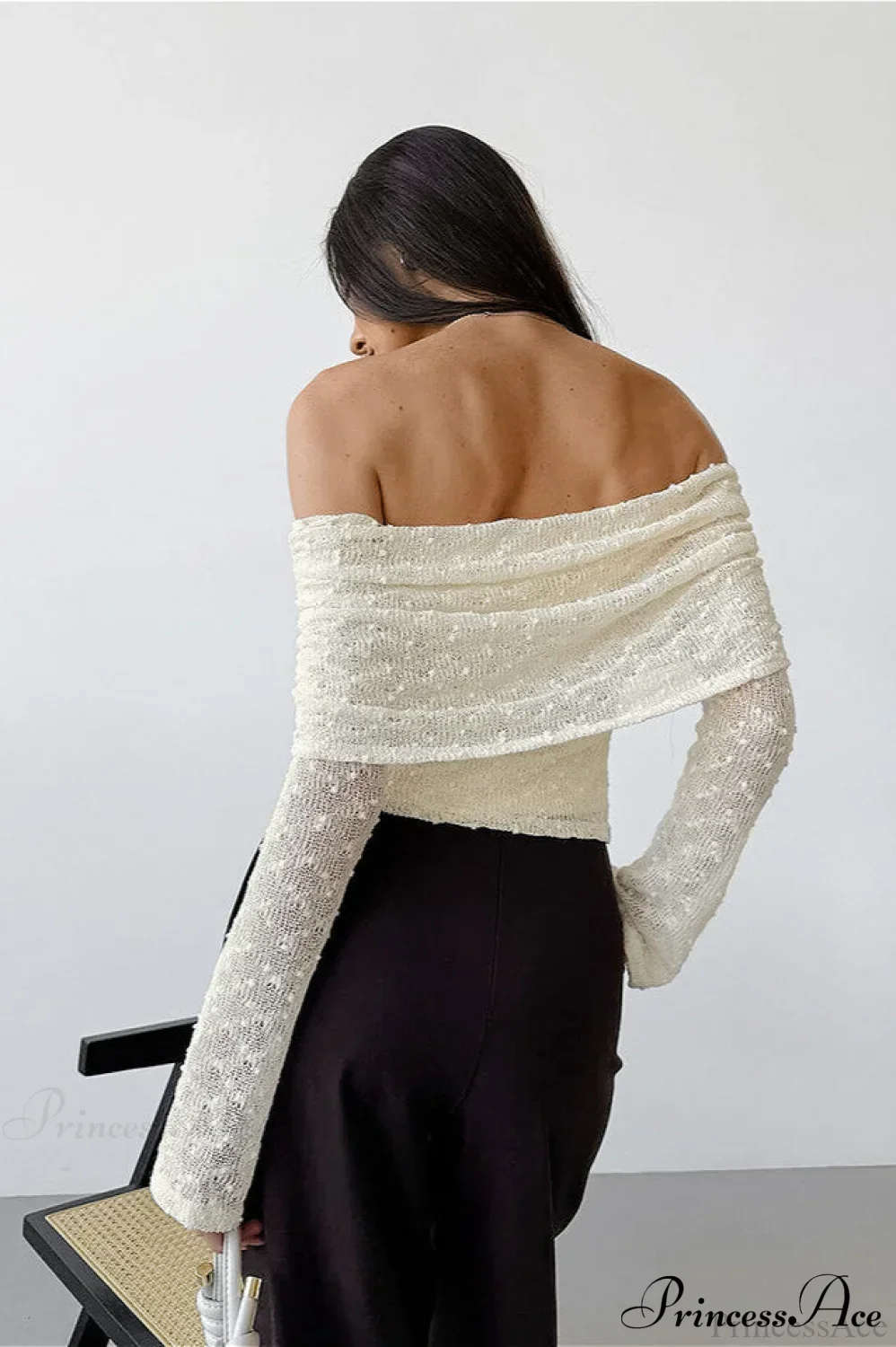 Apricot Off Shoulder Lace Knit Long Sleeve Tee - Image 4