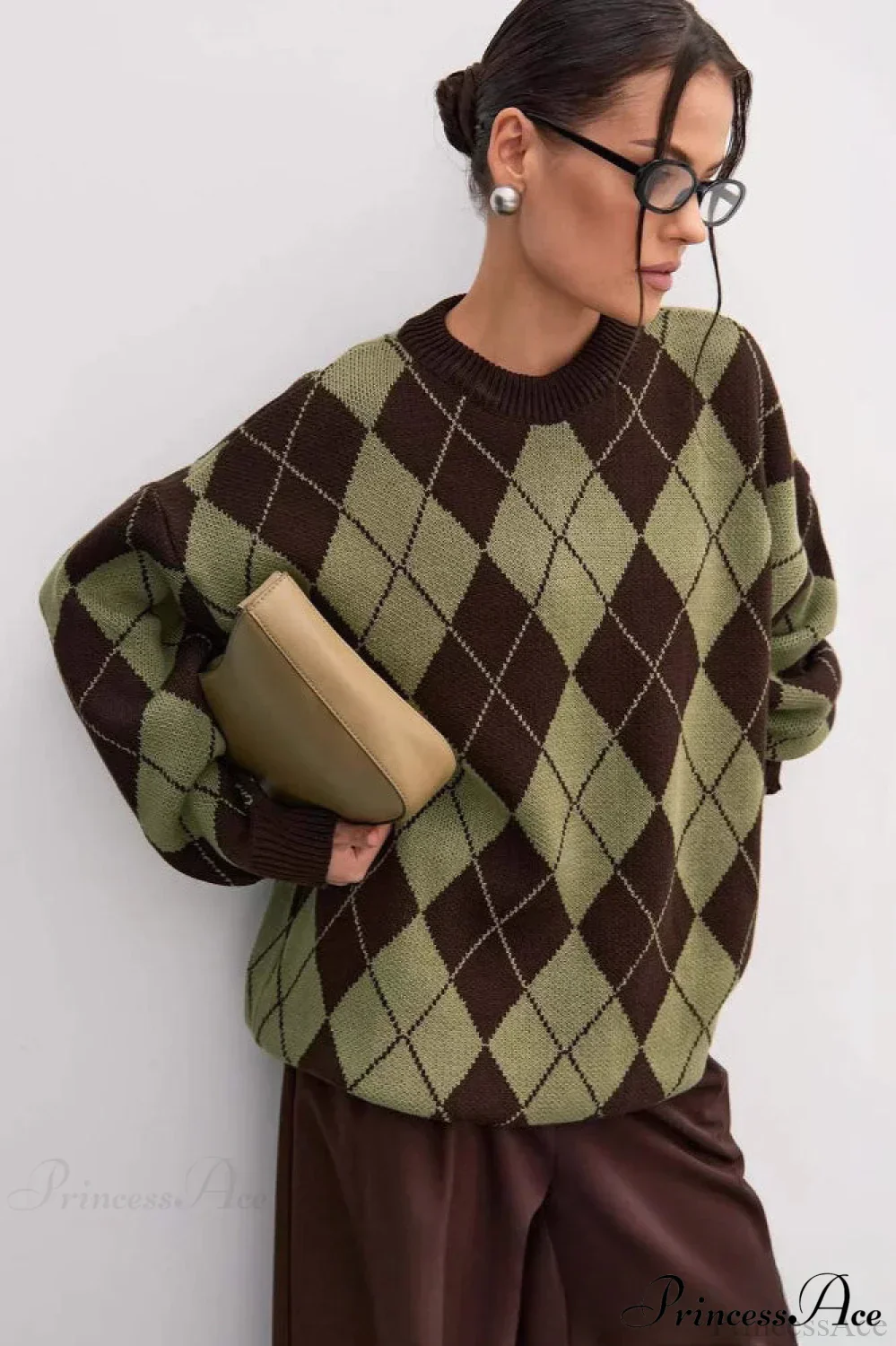 Argyle Crew Neck Oversized Pullover Sweater - Image 2