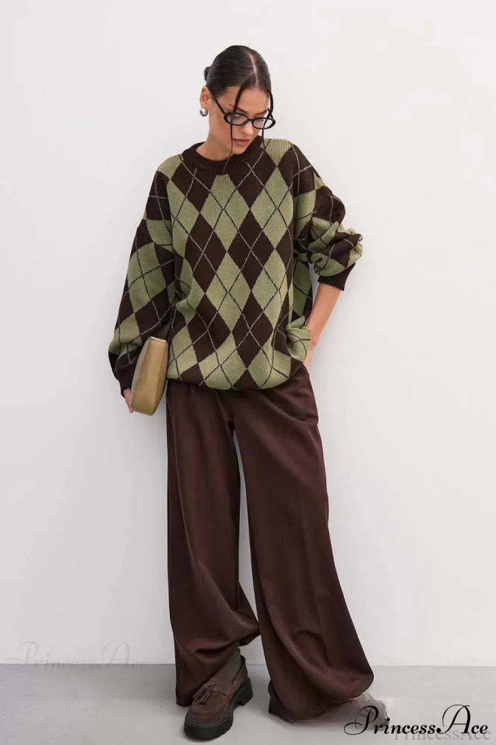 Argyle Crew Neck Oversized Pullover Sweater - Image 4