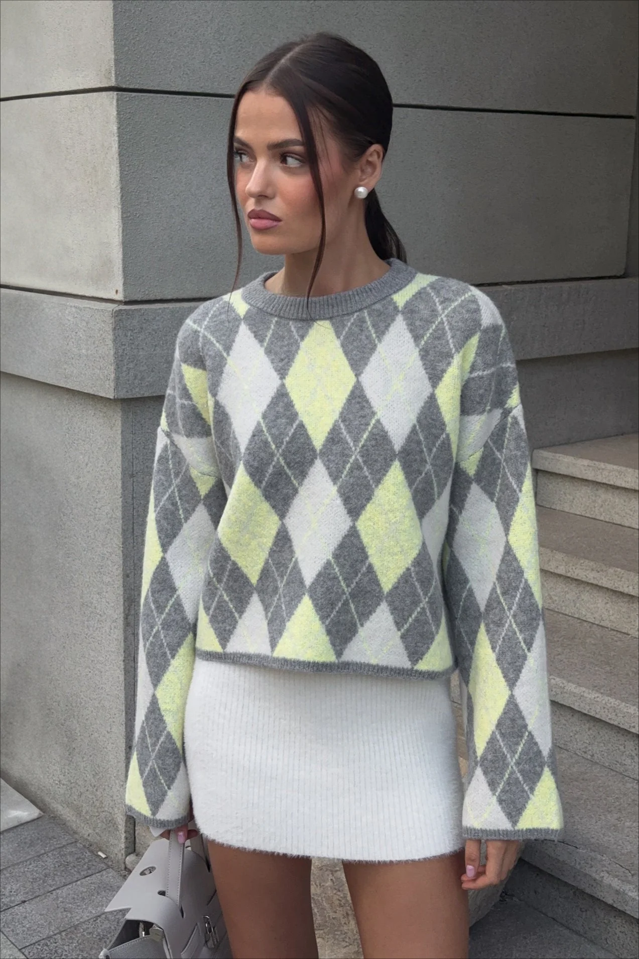 Argyle Knit Green Color Block Loose Crewneck Sweater - Image 2