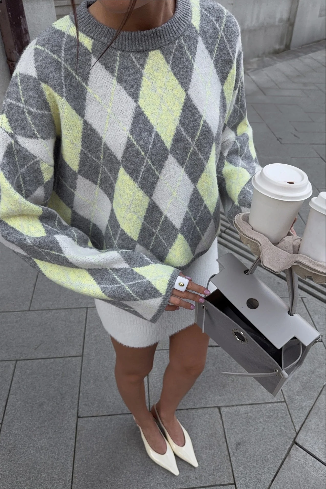 Argyle Knit Green Color Block Loose Crewneck Sweater - Image 4