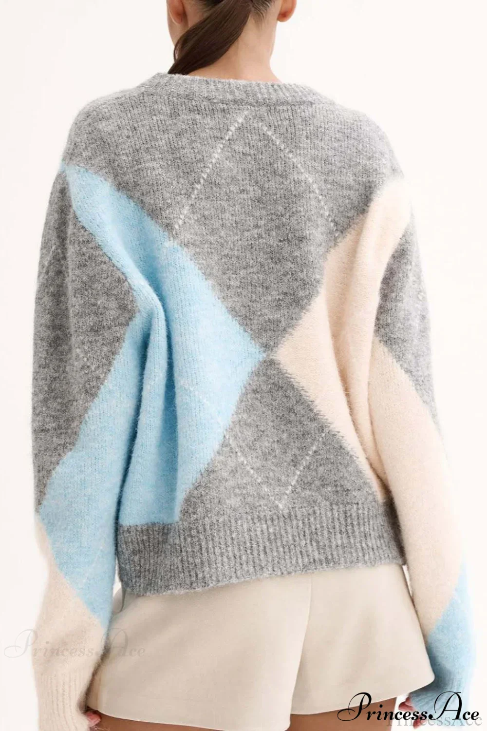 Argyle Pattern Crew Neck Pullover Long Sleeve Warm Sweater - Image 3