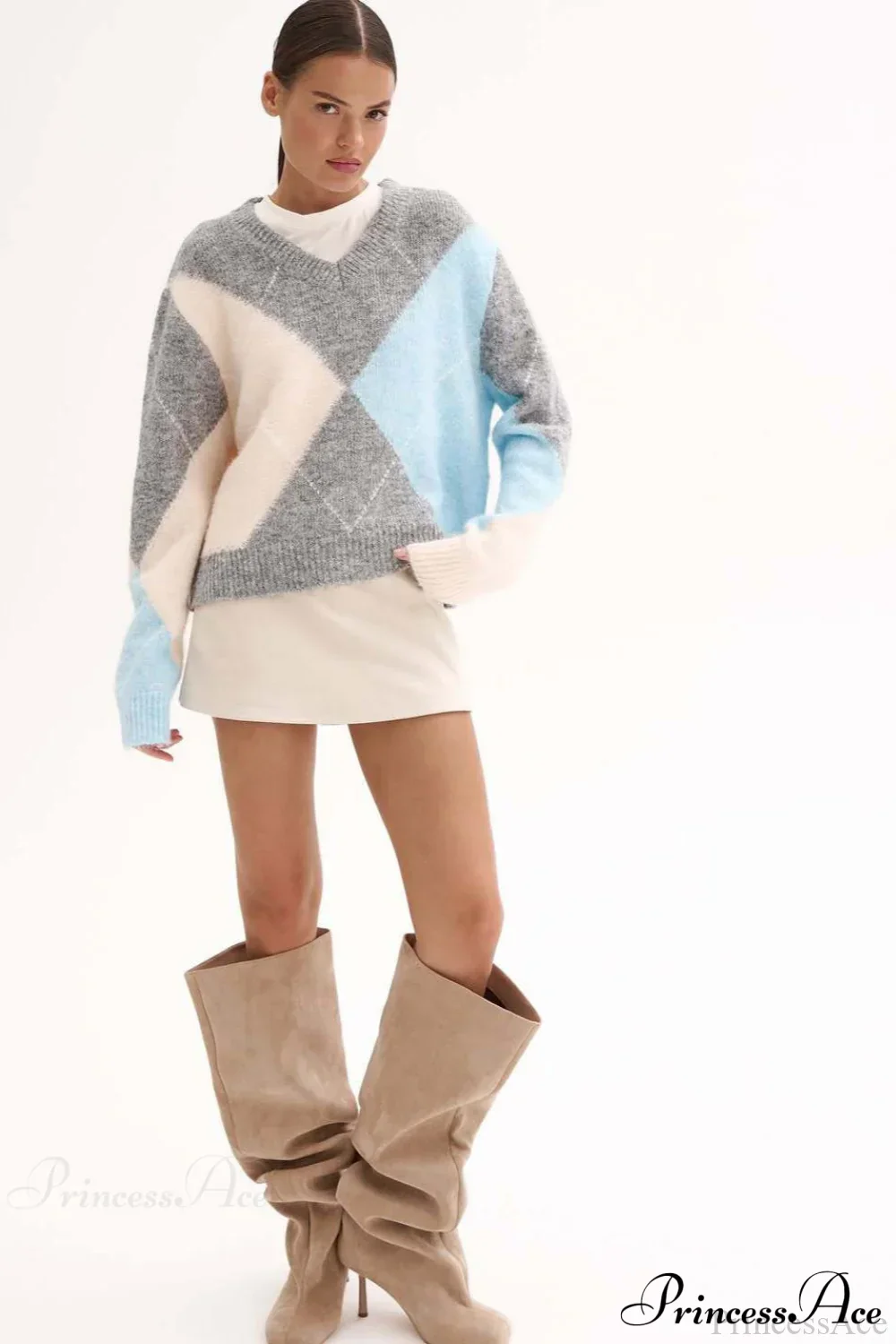 Argyle Pattern Crew Neck Pullover Long Sleeve Warm Sweater - Image 4