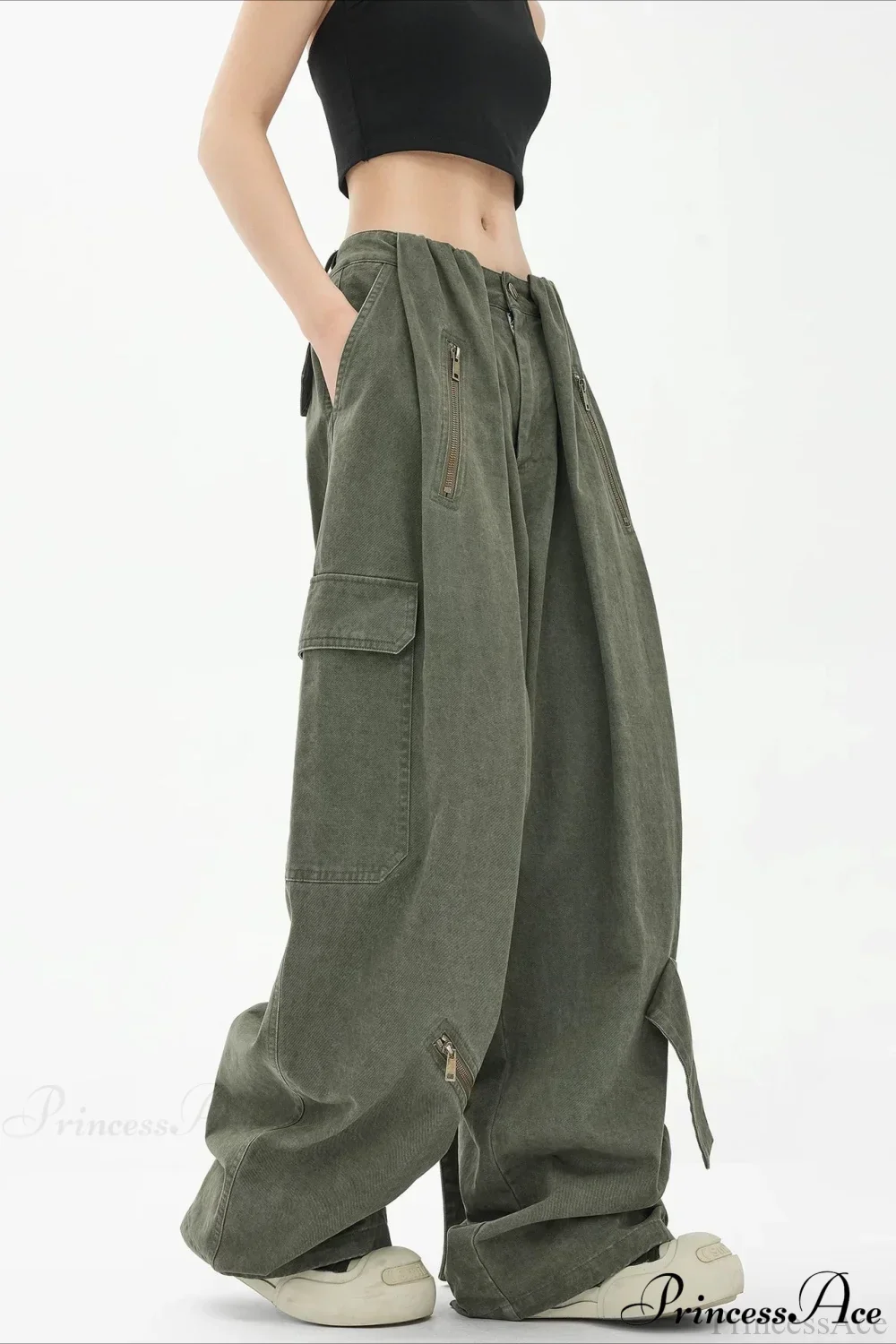 Army Green Parachute High Waist Loose Cargo Pants - Image 2