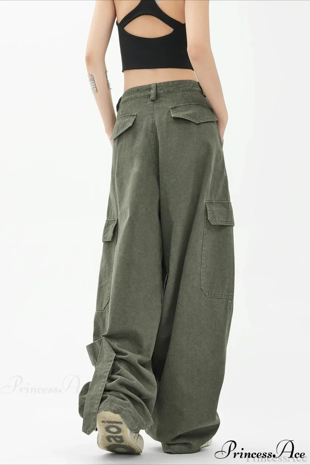 Army Green Parachute High Waist Loose Cargo Pants - Image 3