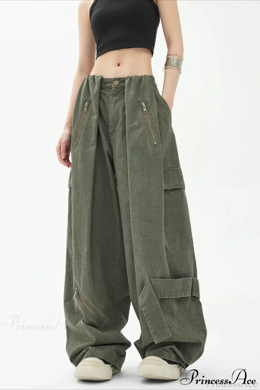 Army Green Parachute High Waist Loose Cargo Pants - Image 4