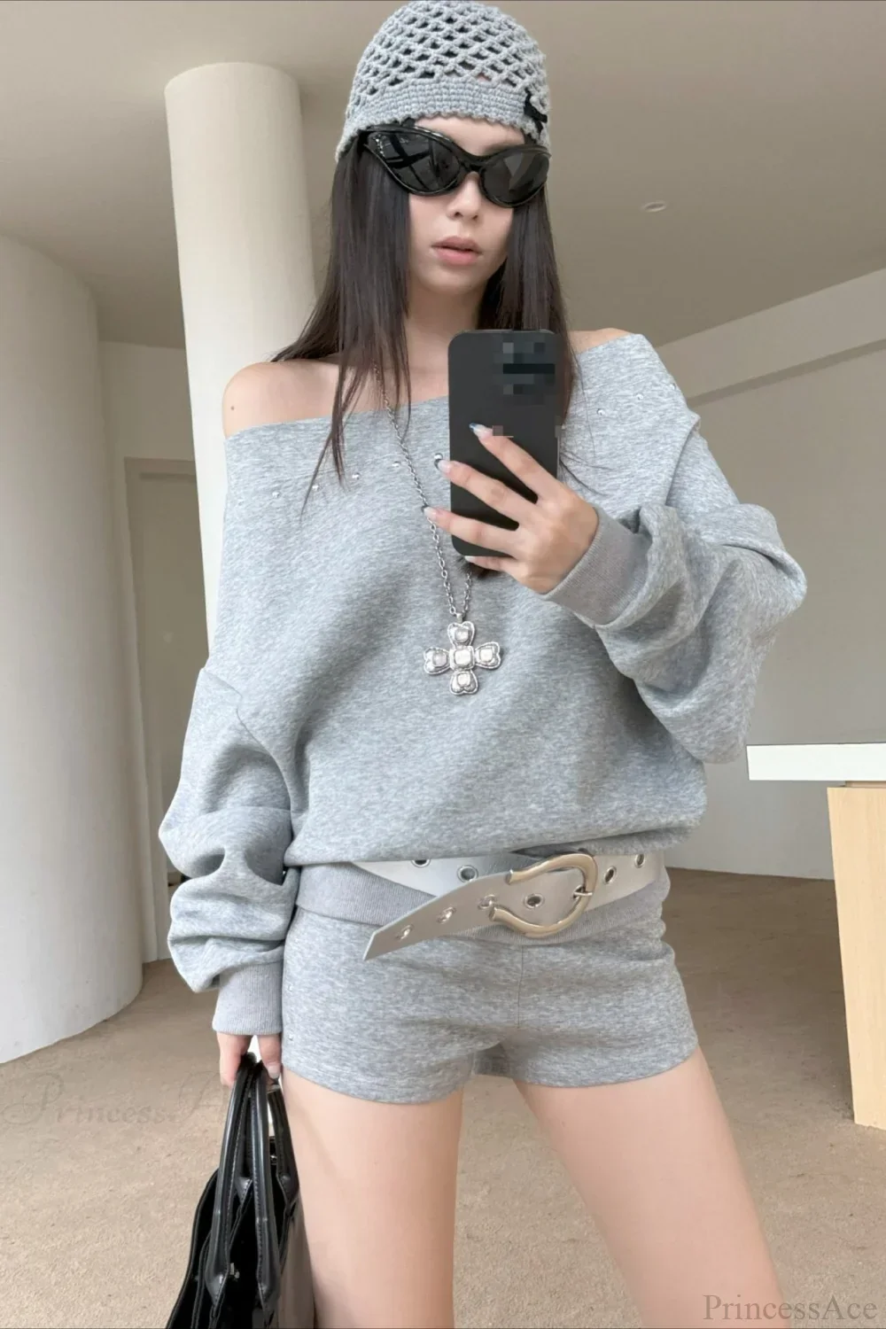 Asym Off-Shoulder Rivet Loose Sweatshirt - Image 11