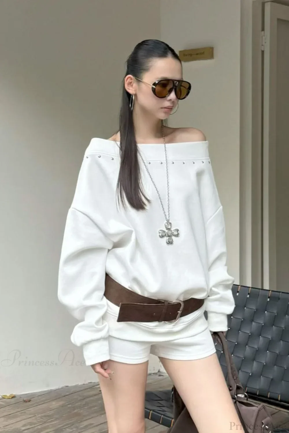 Asym Off-Shoulder Rivet Loose Sweatshirt - Image 6