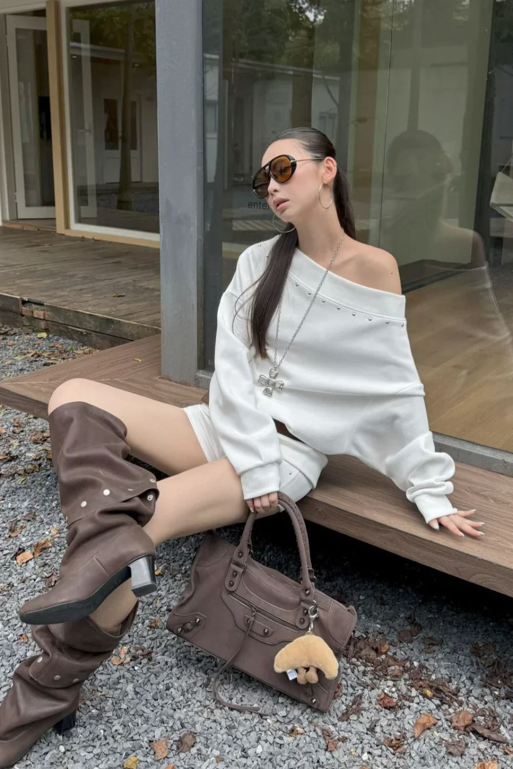 Asym Off-Shoulder Rivet Loose Sweatshirt - Image 8