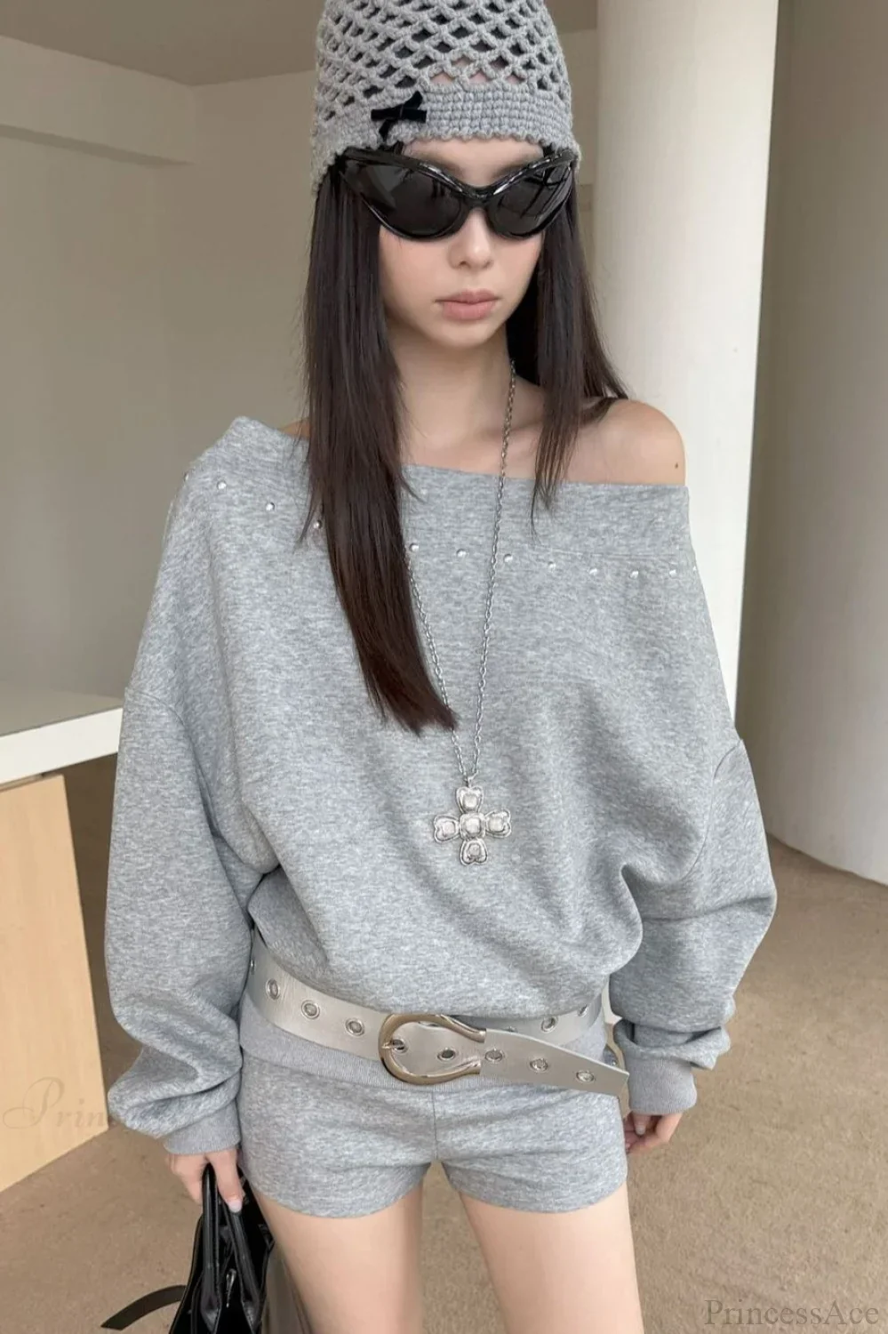 Asym Off-Shoulder Rivet Loose Sweatshirt - Image 9