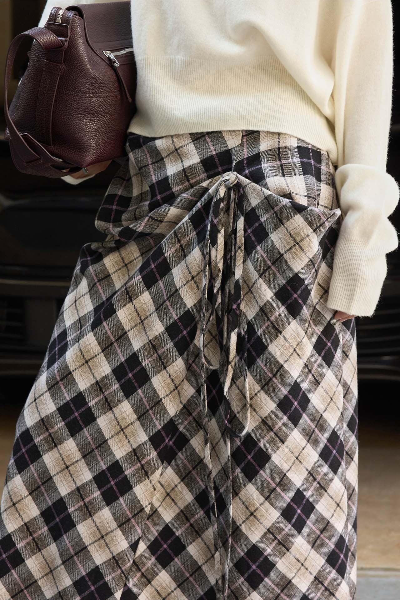 Asymmetric Color Block Plaid Midi Skirt - Image 8