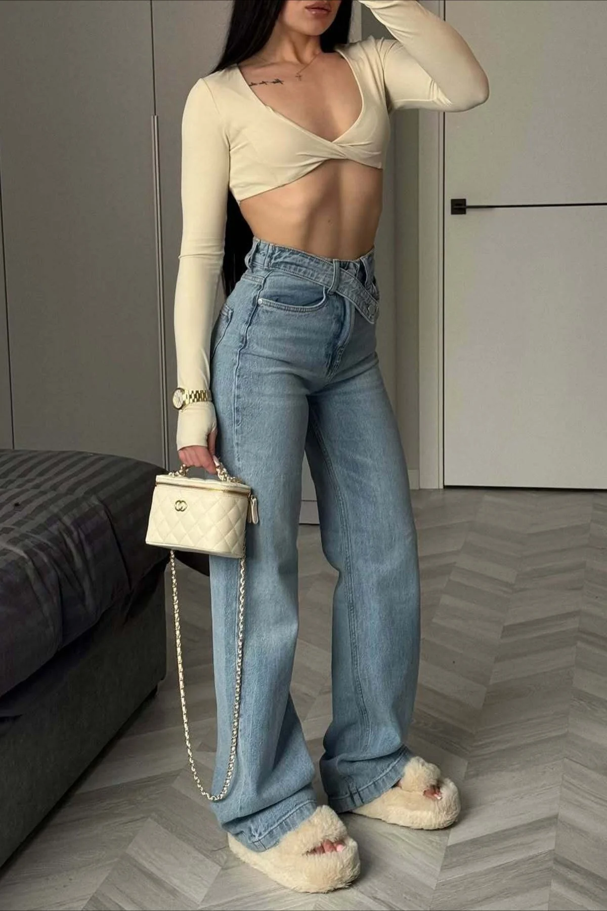 Asymmetric Elastic Waist Split Hem Denim Jeans - Image 5