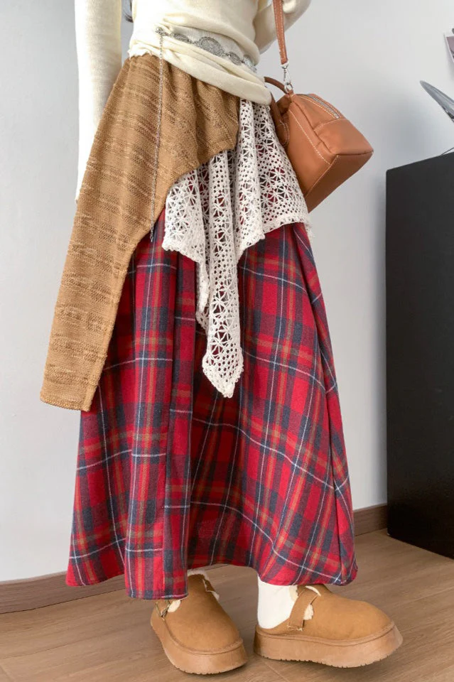 Asymmetric Lace Panel Plaid Skirt - Image 10