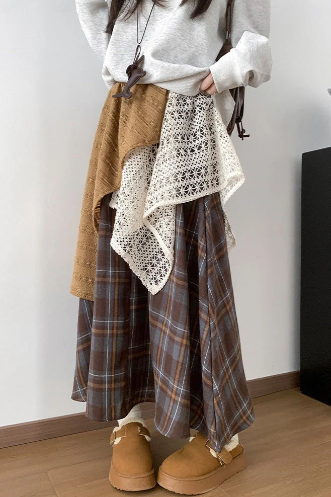 Asymmetric Lace Panel Plaid Skirt - Image 2