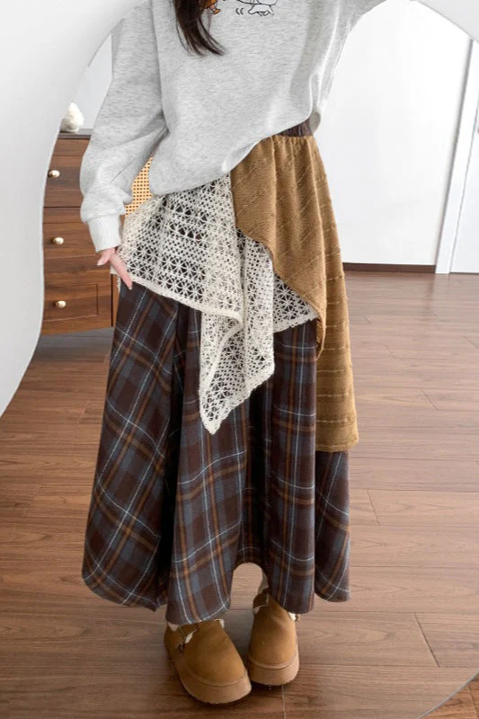 Asymmetric Lace Panel Plaid Skirt - Image 5
