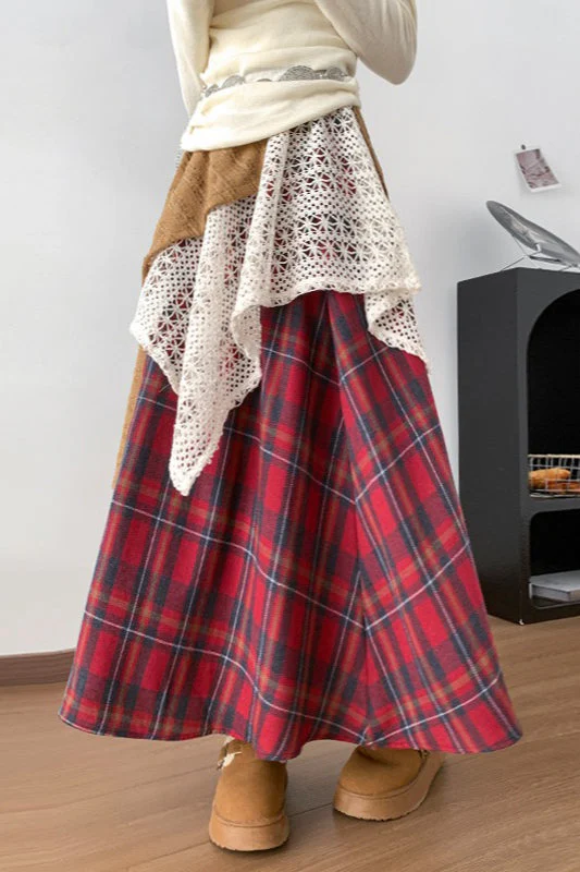 Asymmetric Lace Panel Plaid Skirt - Image 6