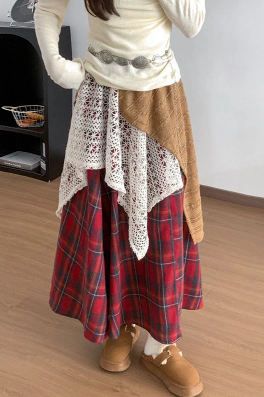 Asymmetric Lace Panel Plaid Skirt - Image 7