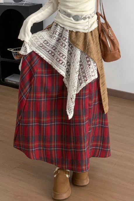 Asymmetric Lace Panel Plaid Skirt - Image 8