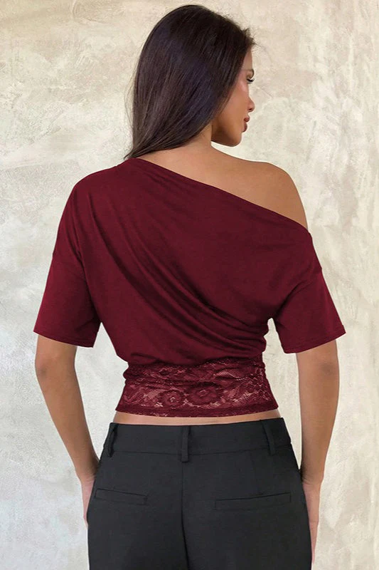 Asymmetric Off Shoulder Lace Waist Slim Crop T-shirt - Image 10