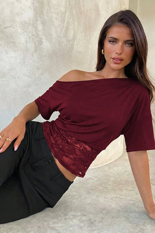 Asymmetric Off Shoulder Lace Waist Slim Crop T-shirt - Image 11