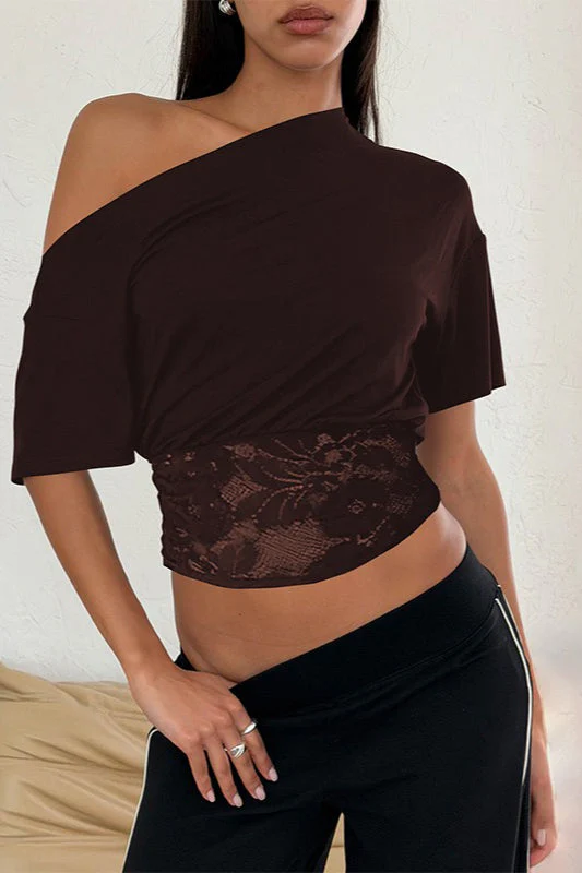Asymmetric Off Shoulder Lace Waist Slim Crop T-shirt - Image 3
