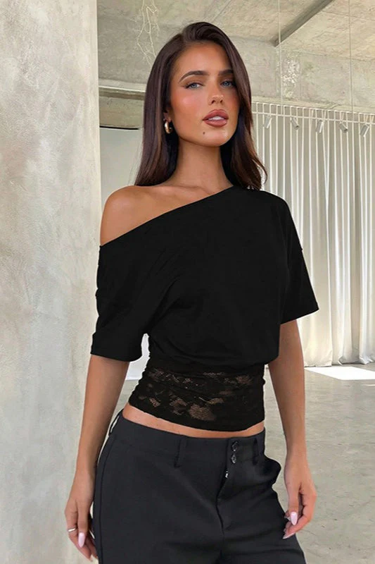 Asymmetric Off Shoulder Lace Waist Slim Crop T-shirt - Image 4