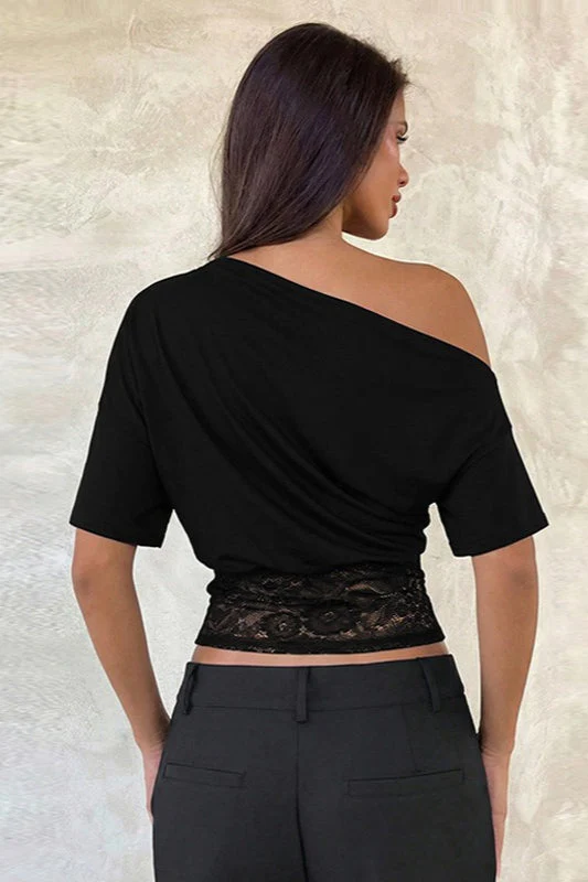 Asymmetric Off Shoulder Lace Waist Slim Crop T-shirt - Image 6