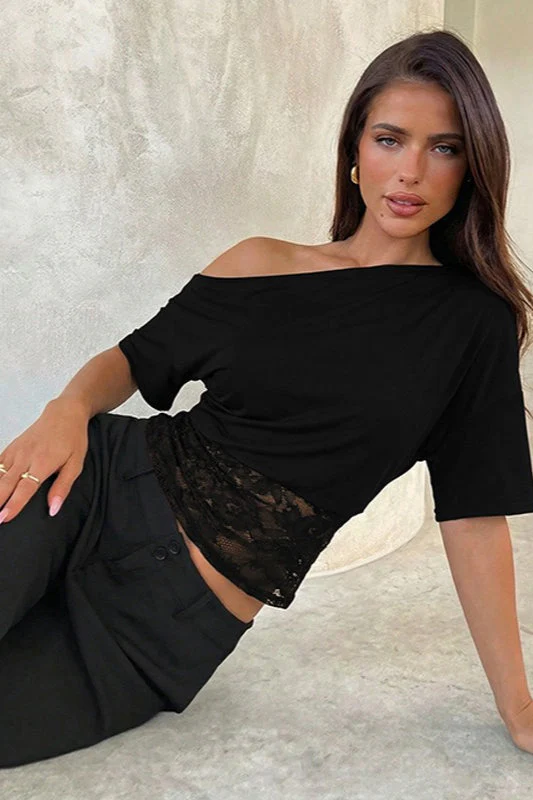 Asymmetric Off Shoulder Lace Waist Slim Crop T-shirt - Image 7