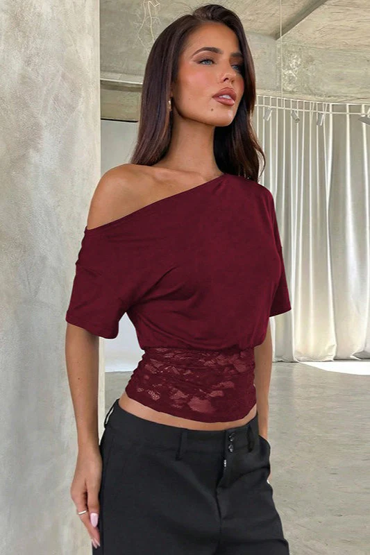Asymmetric Off Shoulder Lace Waist Slim Crop T-shirt - Image 8