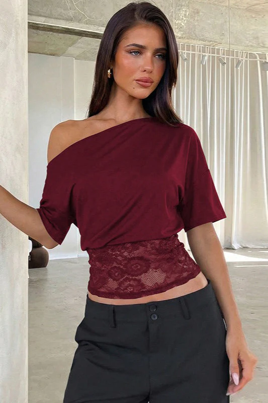 Asymmetric Off Shoulder Lace Waist Slim Crop T-shirt - Image 9
