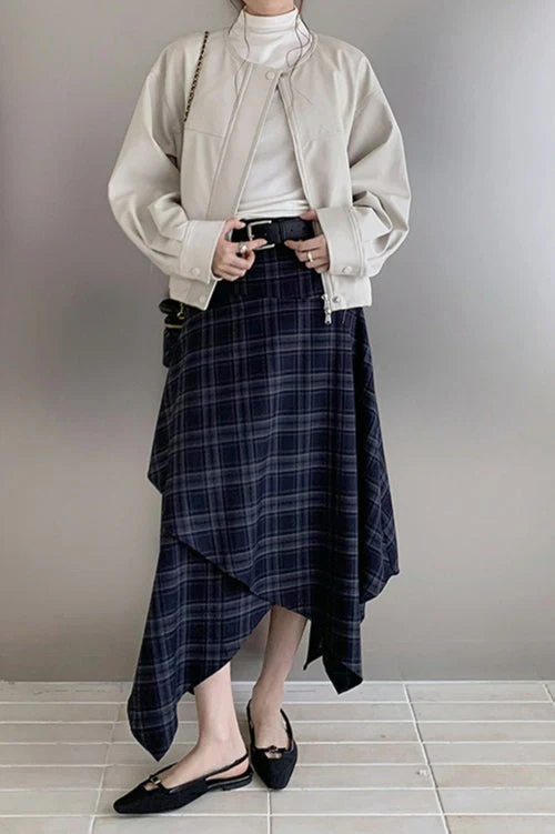 Asymmetric Plaid Midi Skirt - Image 9