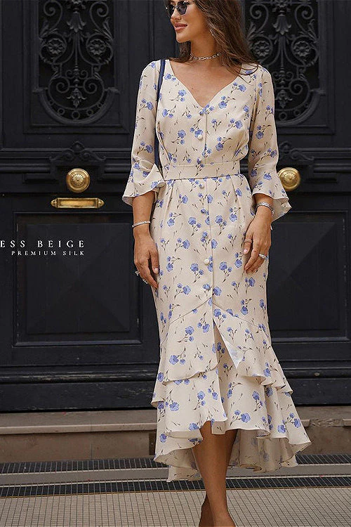 Asymmetric Ruffled Sleeve High Waist Floral Dress - Image 2