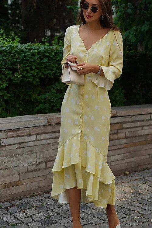 Asymmetric Ruffled Sleeve High Waist Floral Dress - Image 4