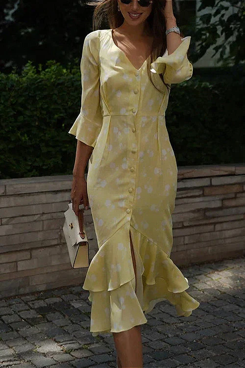 Asymmetric Ruffled Sleeve High Waist Floral Dress - Image 5