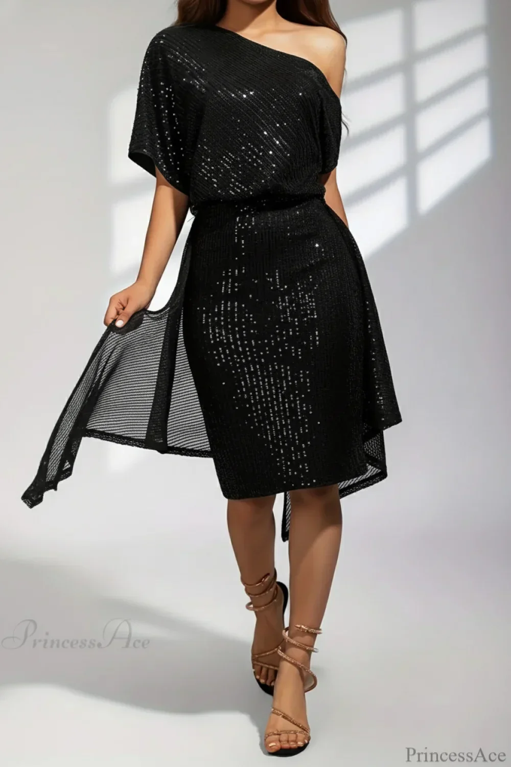 Asymmetric Shoulder Sequined Fitted Irregular Mini Dress - Image 4