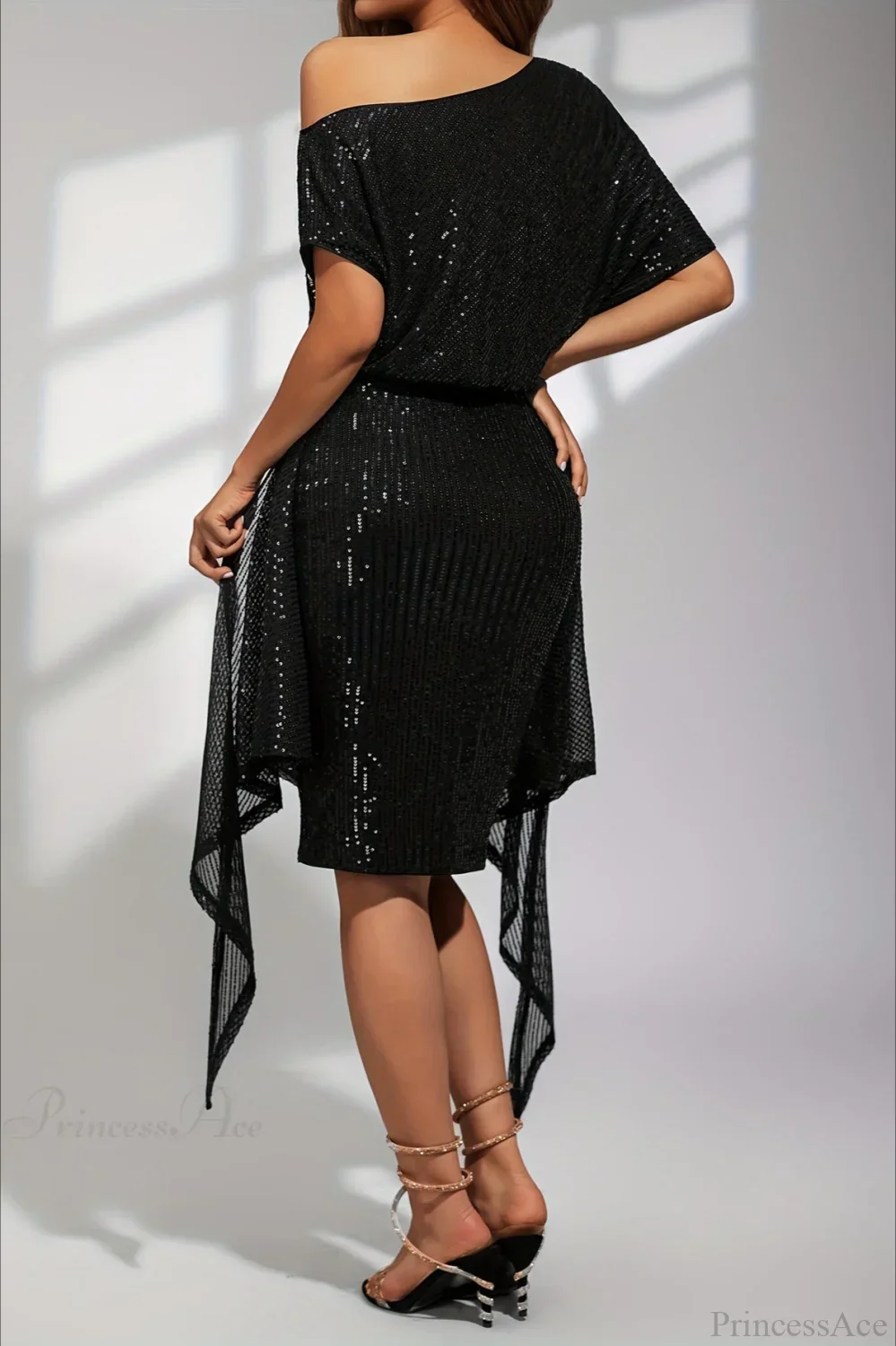 Asymmetric Shoulder Sequined Fitted Irregular Mini Dress - Image 5