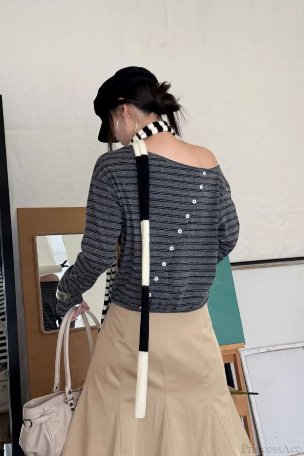 Asymmetric Shoulder Striped Color Block Reversible Long Sleeve Tee - Image 6