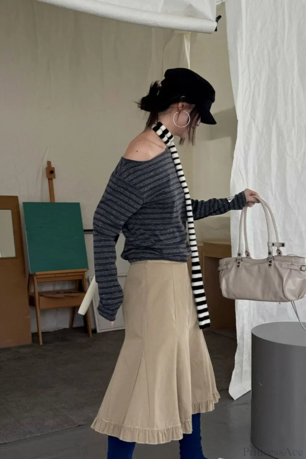 Asymmetric Shoulder Striped Color Block Reversible Long Sleeve Tee - Image 7