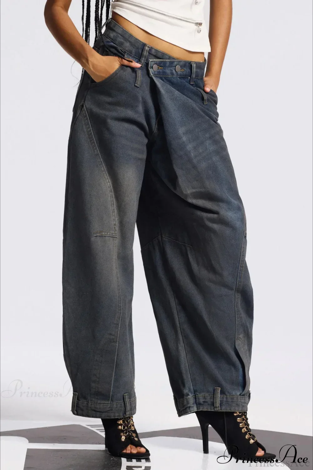 Asymmetric Waist Washed Low Waist Flare Wide Leg Jeans - Image 2