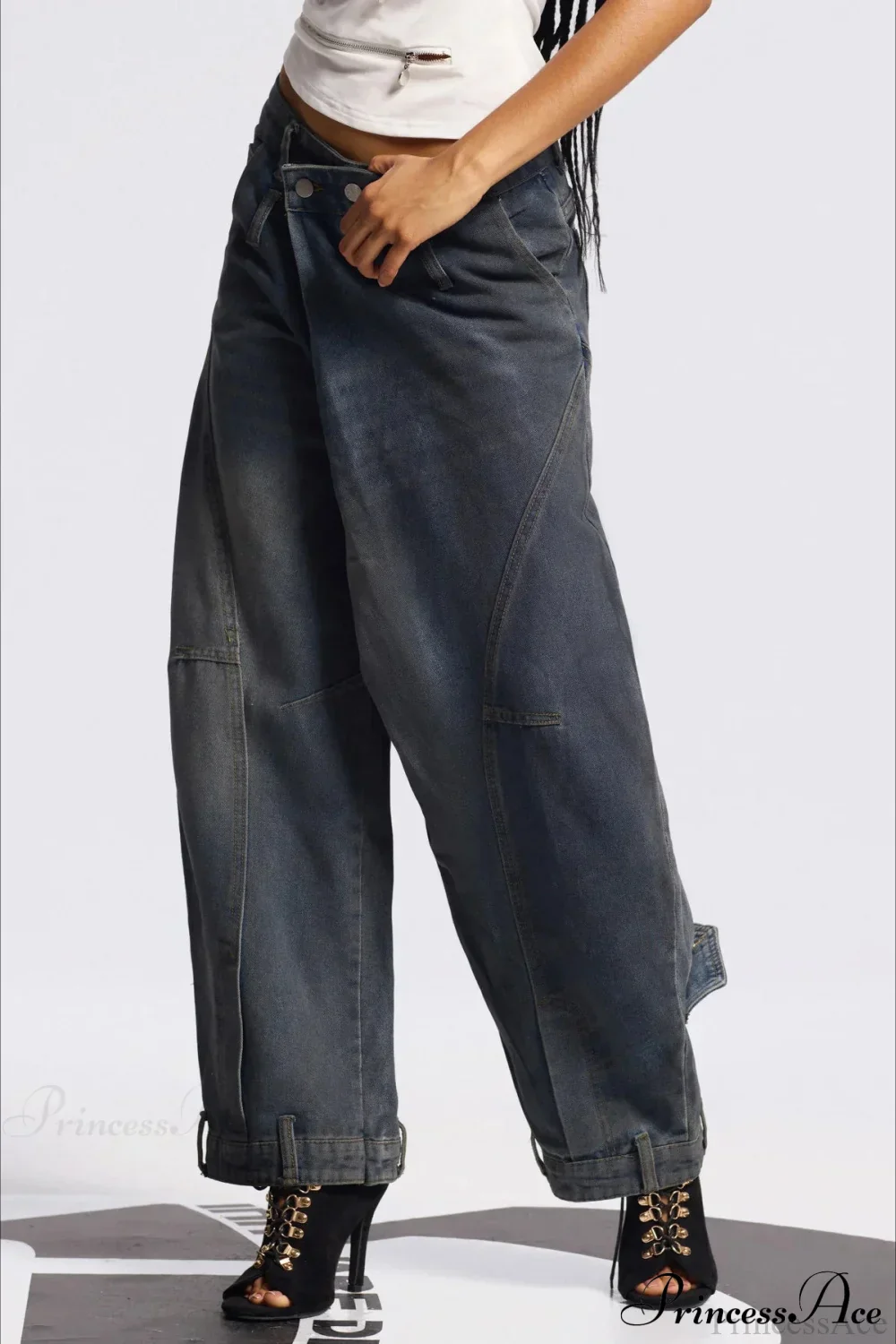 Asymmetric Waist Washed Low Waist Flare Wide Leg Jeans - Image 3