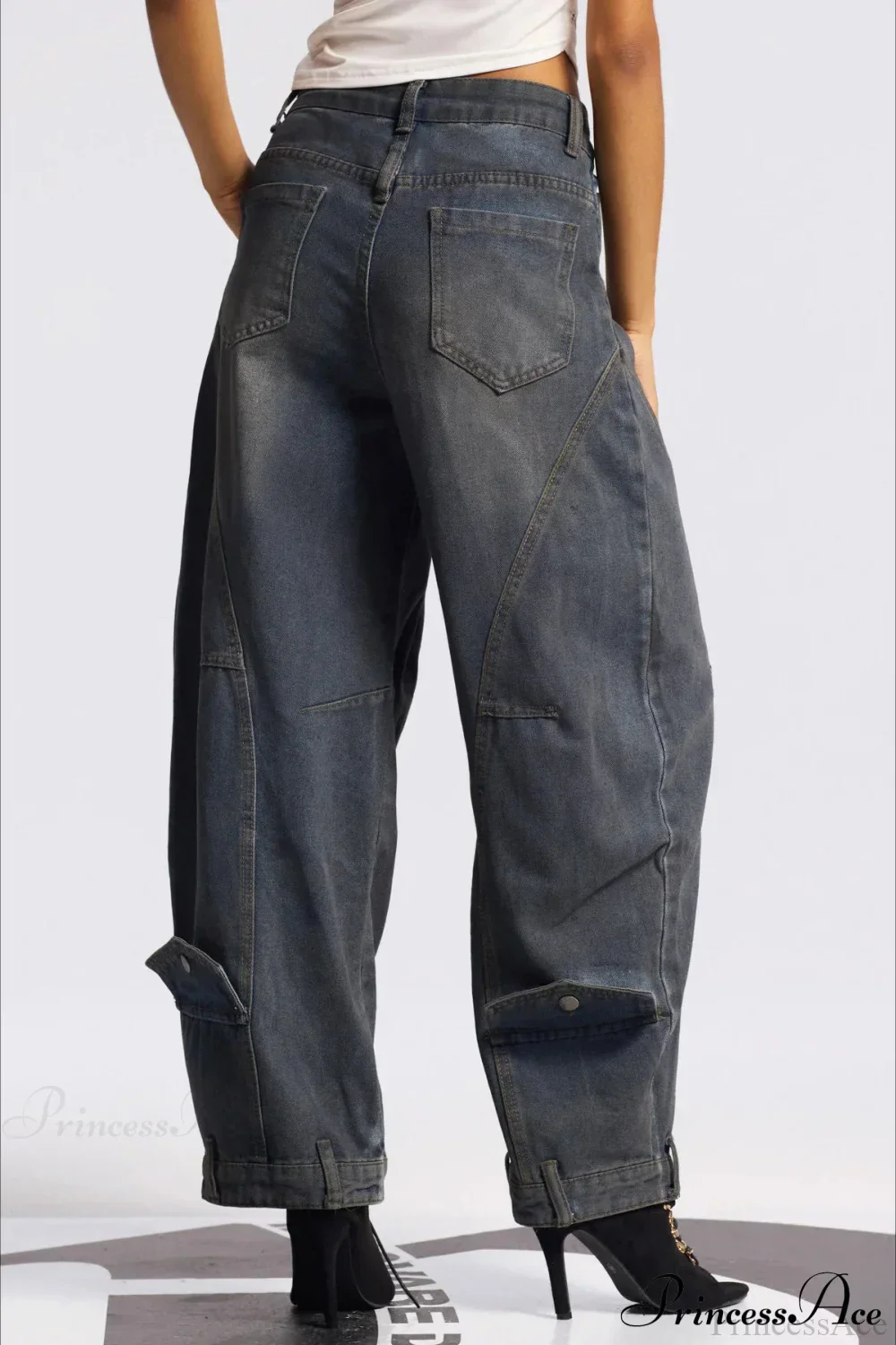 Asymmetric Waist Washed Low Waist Flare Wide Leg Jeans - Image 4