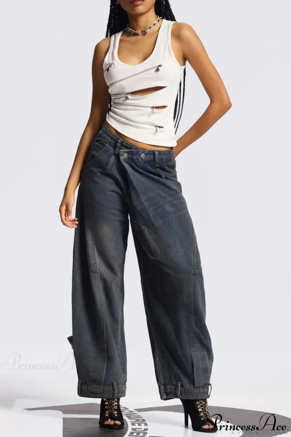 Asymmetric Waist Washed Low Waist Flare Wide Leg Jeans - Image 5