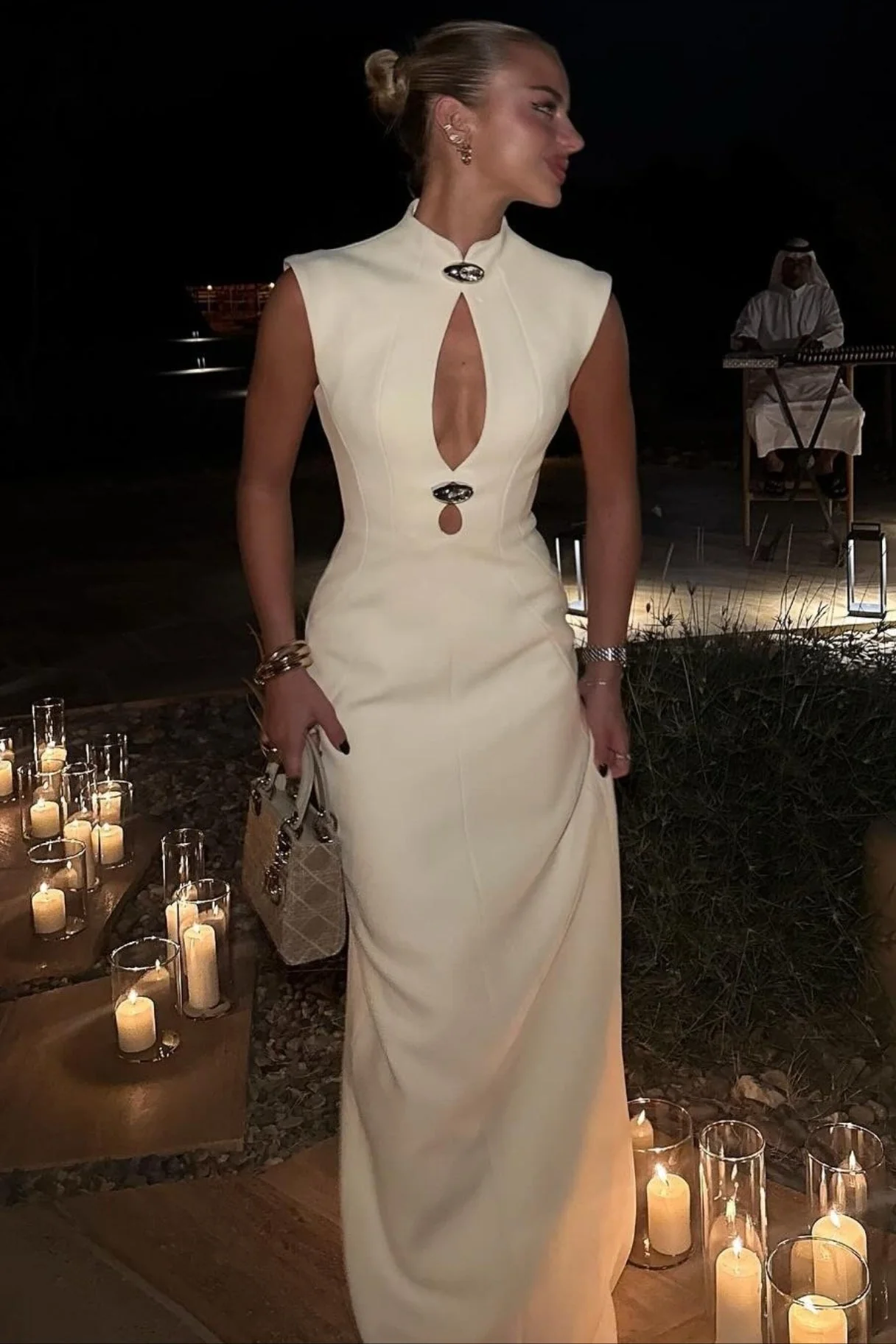 Asymmetrical Cutout Metal Trim Ruched Elegant Maxi Dress - Image 3