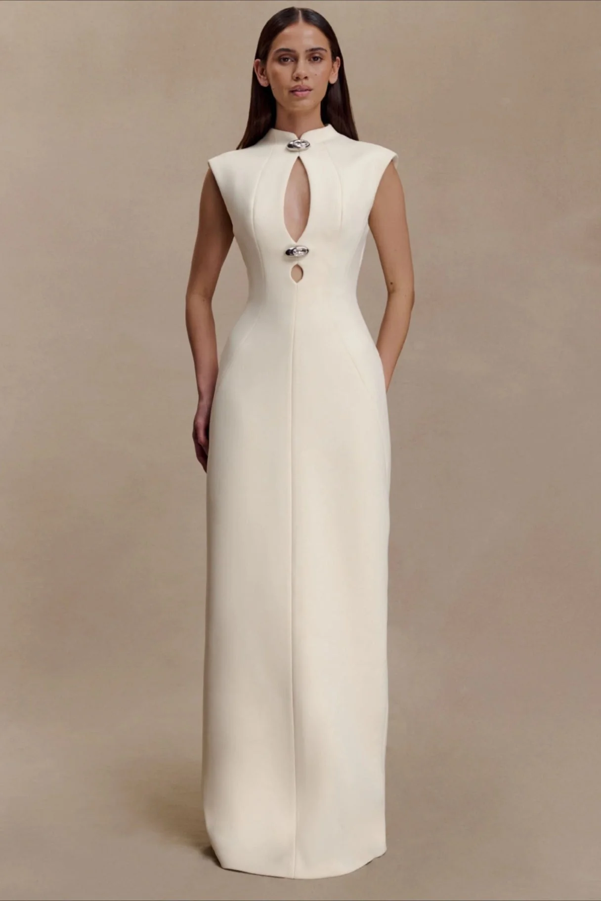 Asymmetrical Cutout Metal Trim Ruched Elegant Maxi Dress - Image 4