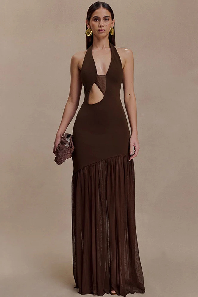 Asymmetrical Cutout Shirred Backless Fitted Maxi Dress - Image 5