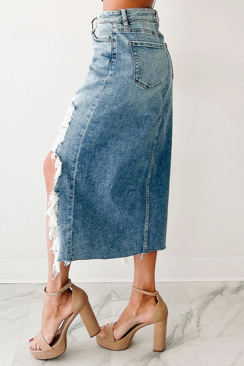 Asymmetrical Distressed Denim High-Waisted Skirt - Image 2
