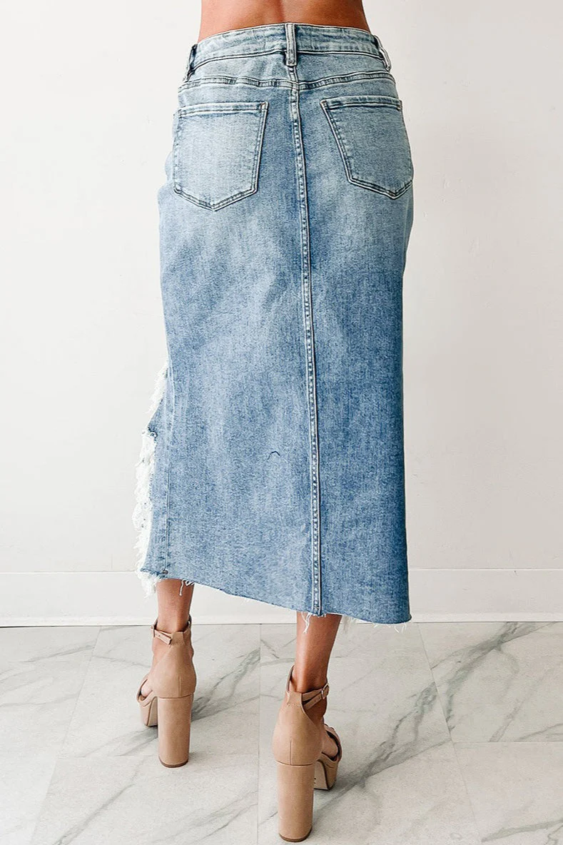 Asymmetrical Distressed Denim High-Waisted Skirt - Image 3